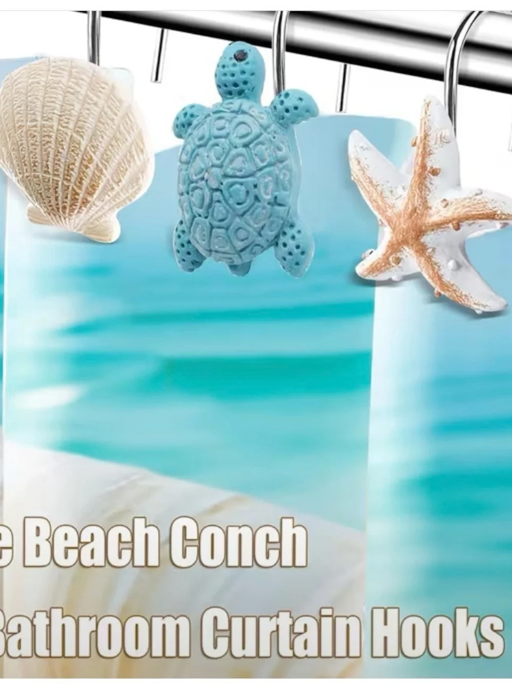 🆕 12 Piece Beach-Themed Shower Curtain Rings - Starfish, Turtle & Shell